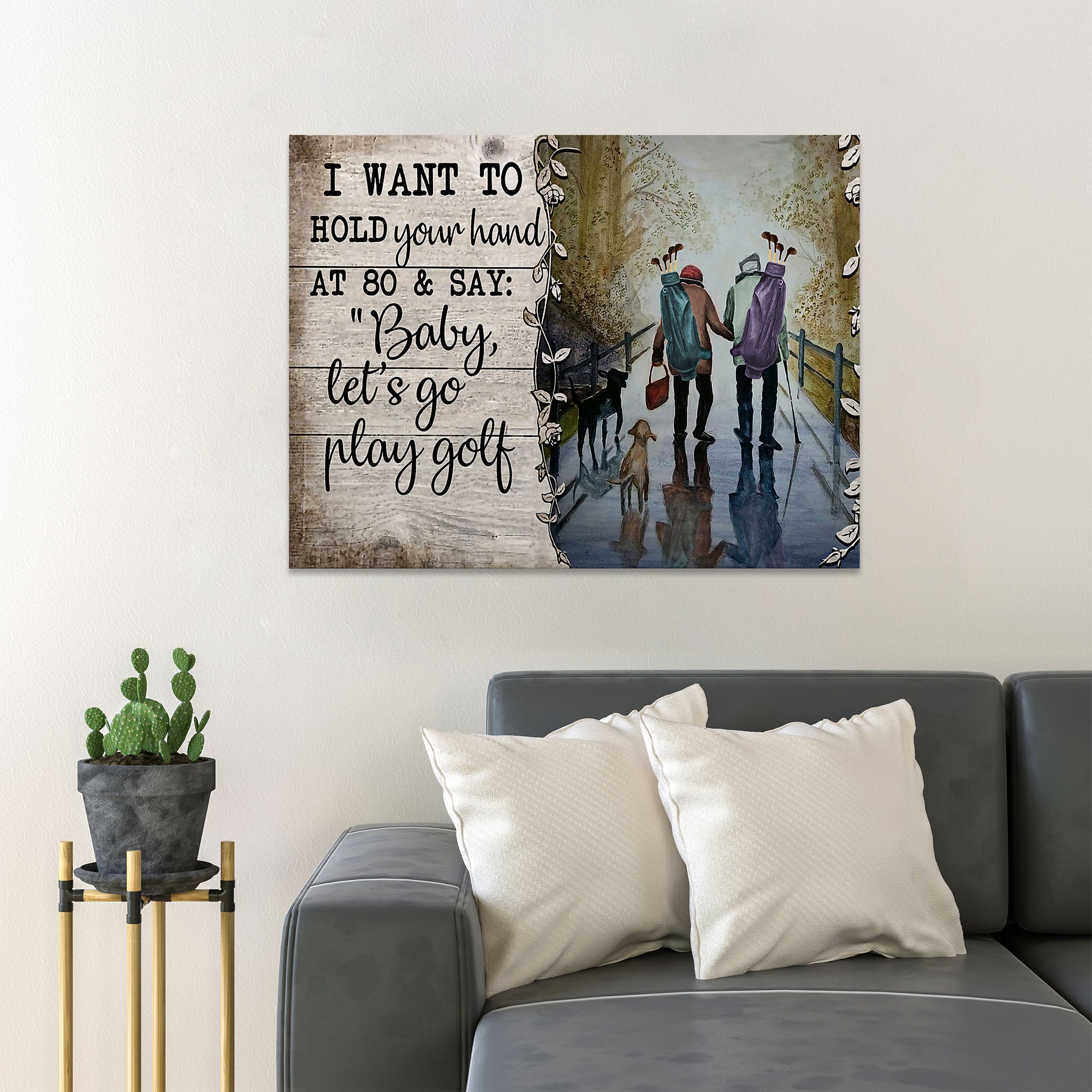 Old Couple With Dogs And Golf Wrapped Canvas