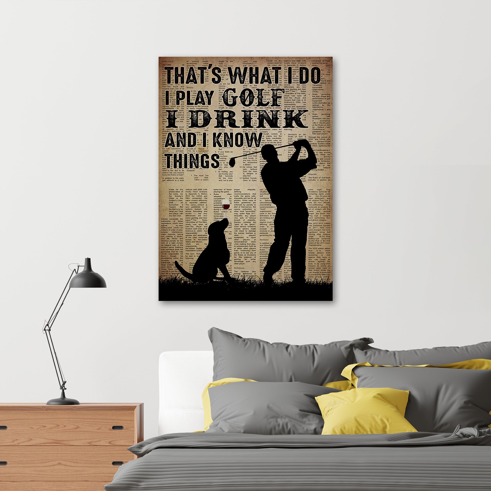Man, Dog, Goft And Wine Wrapped Canvas