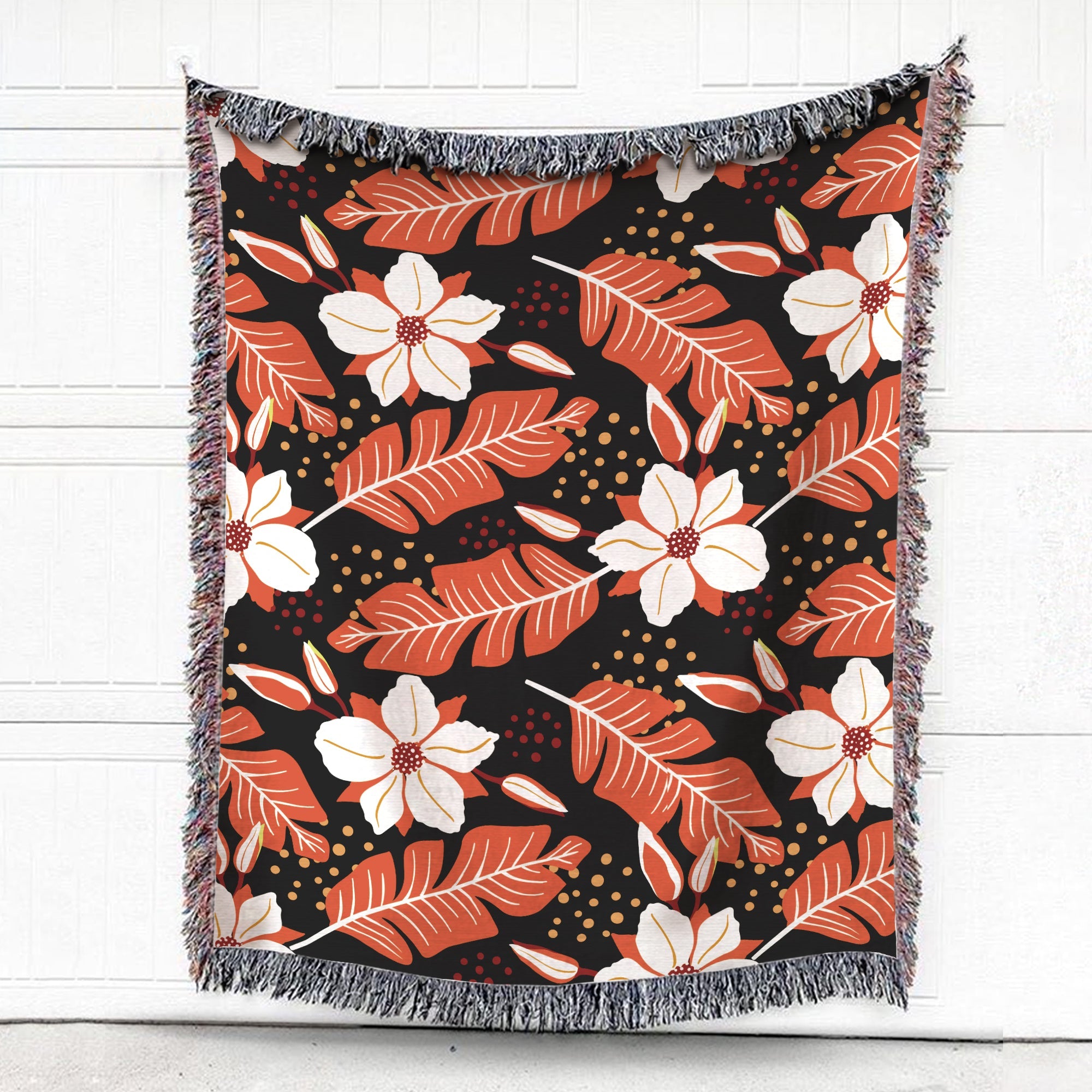 White Flowers And Red Leaves Woven Blanket