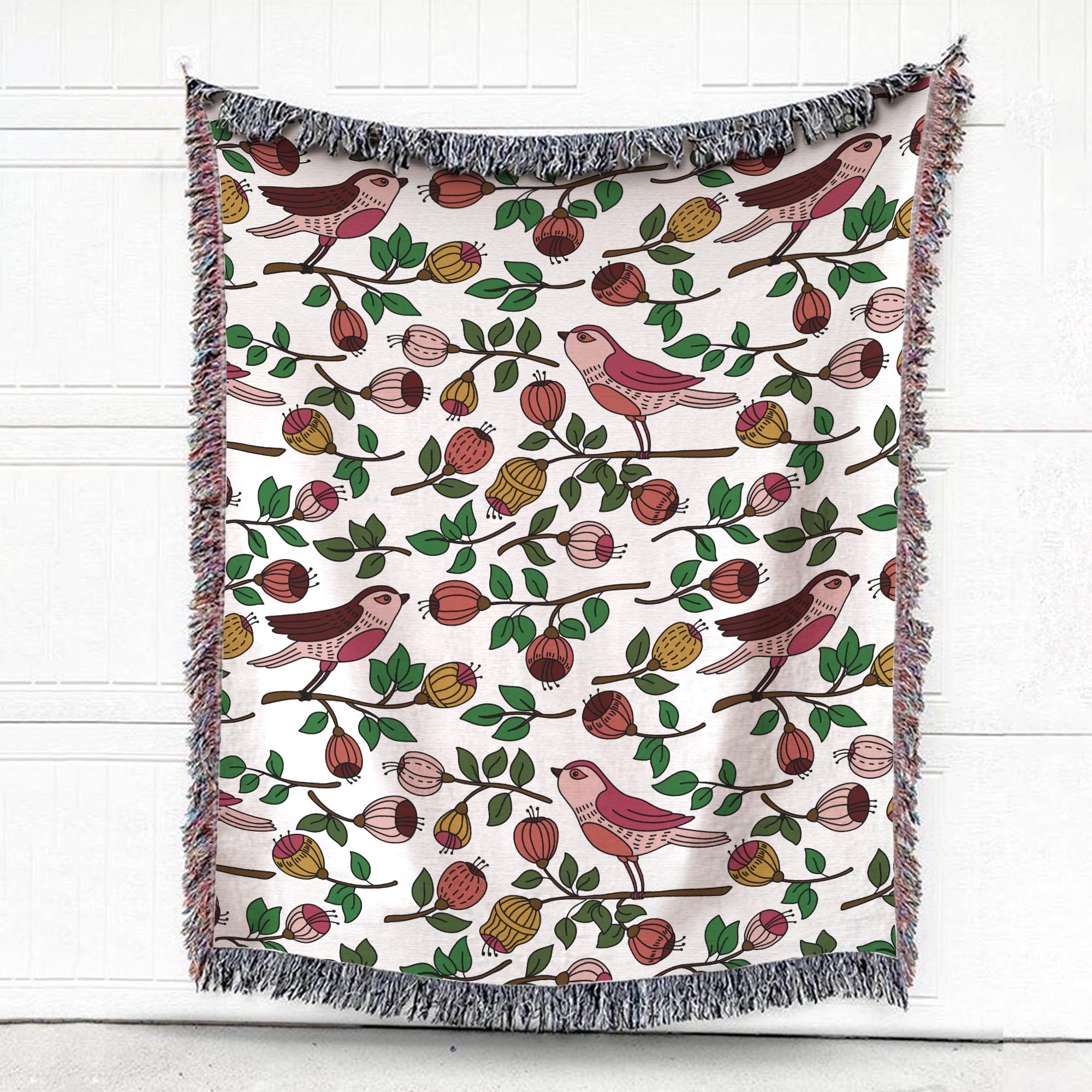 Flower Buds And Pink Birds Woven Blanket