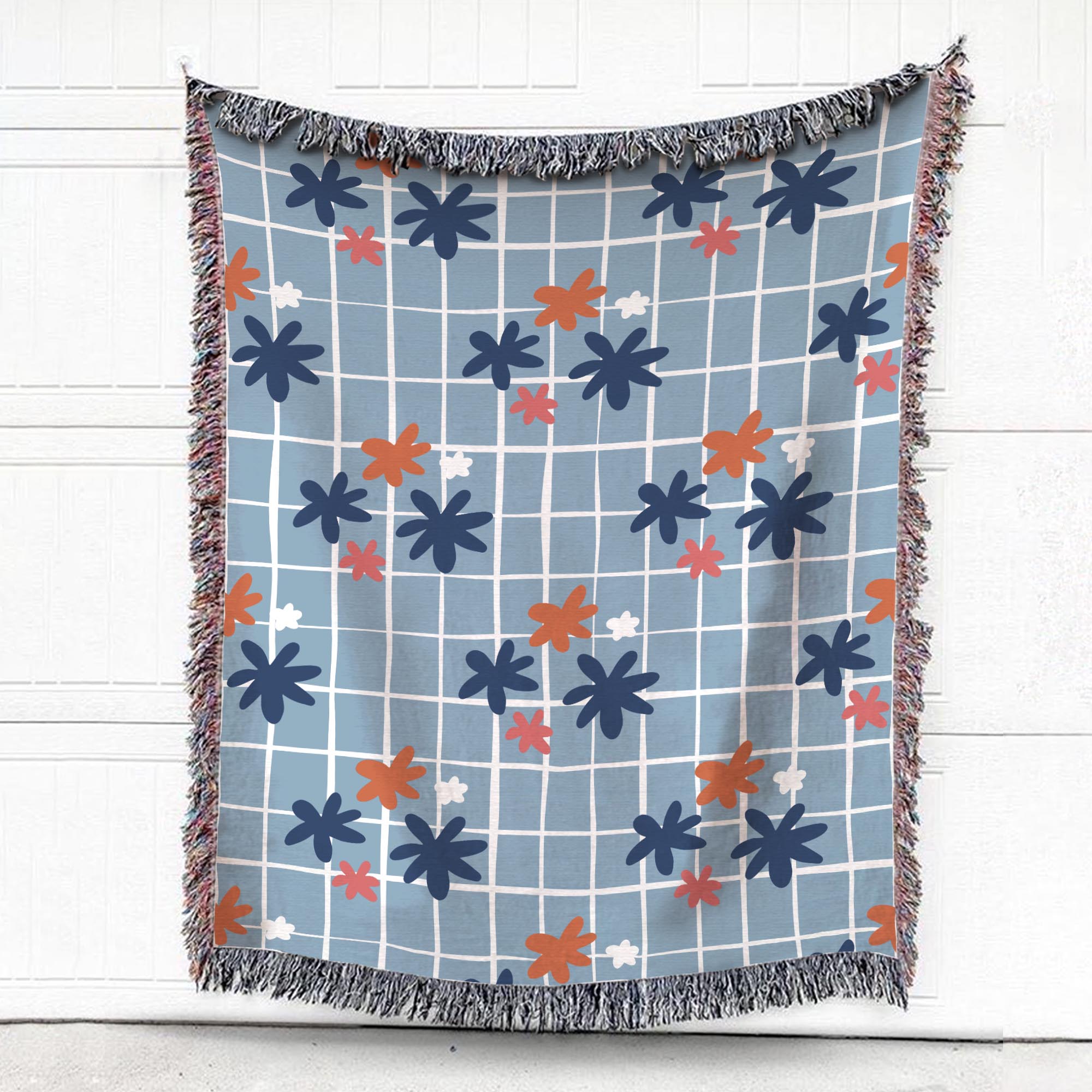 Daisy Flowers On Blue Background Woven Blanket